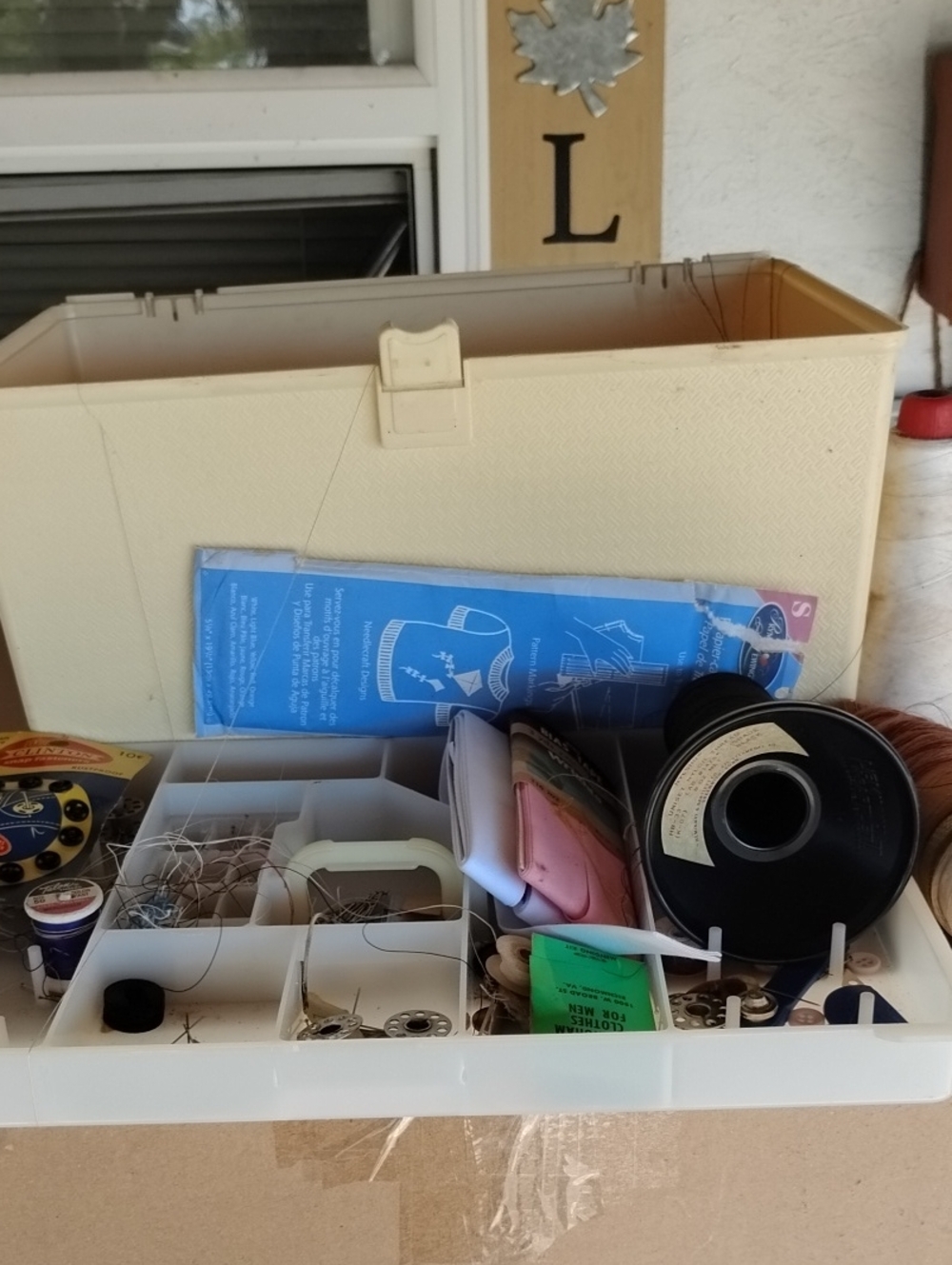 Cream Plastic Sewing Storage Box with Contents Removable Tray